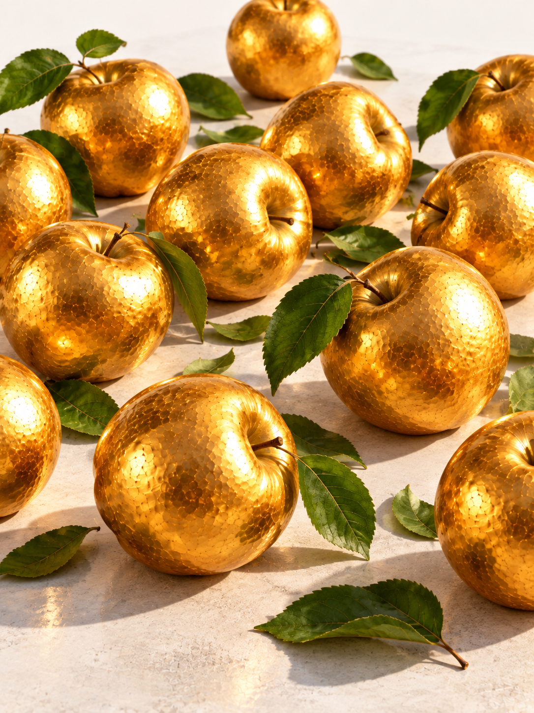 Close-up of textured golden apples and green leaves in warm sunlight