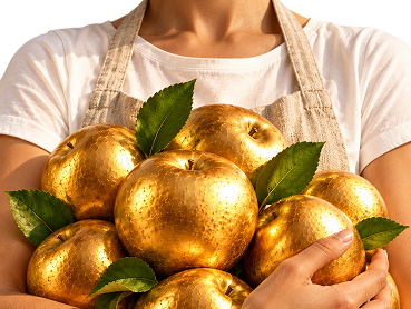 A person in a linen apron holding a harvest of golden apples